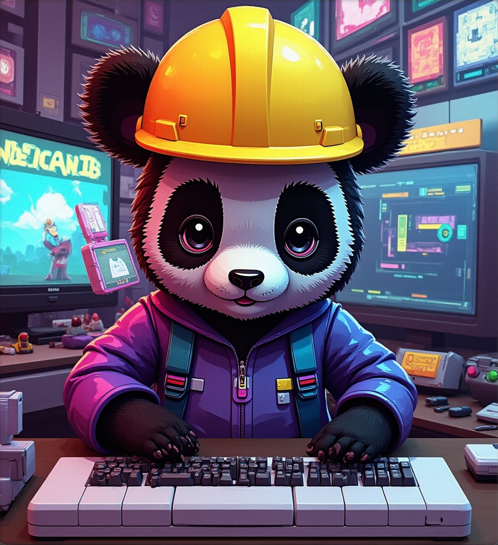 Pixel Panda mascot building new arcade games - coming soon to Quickcade